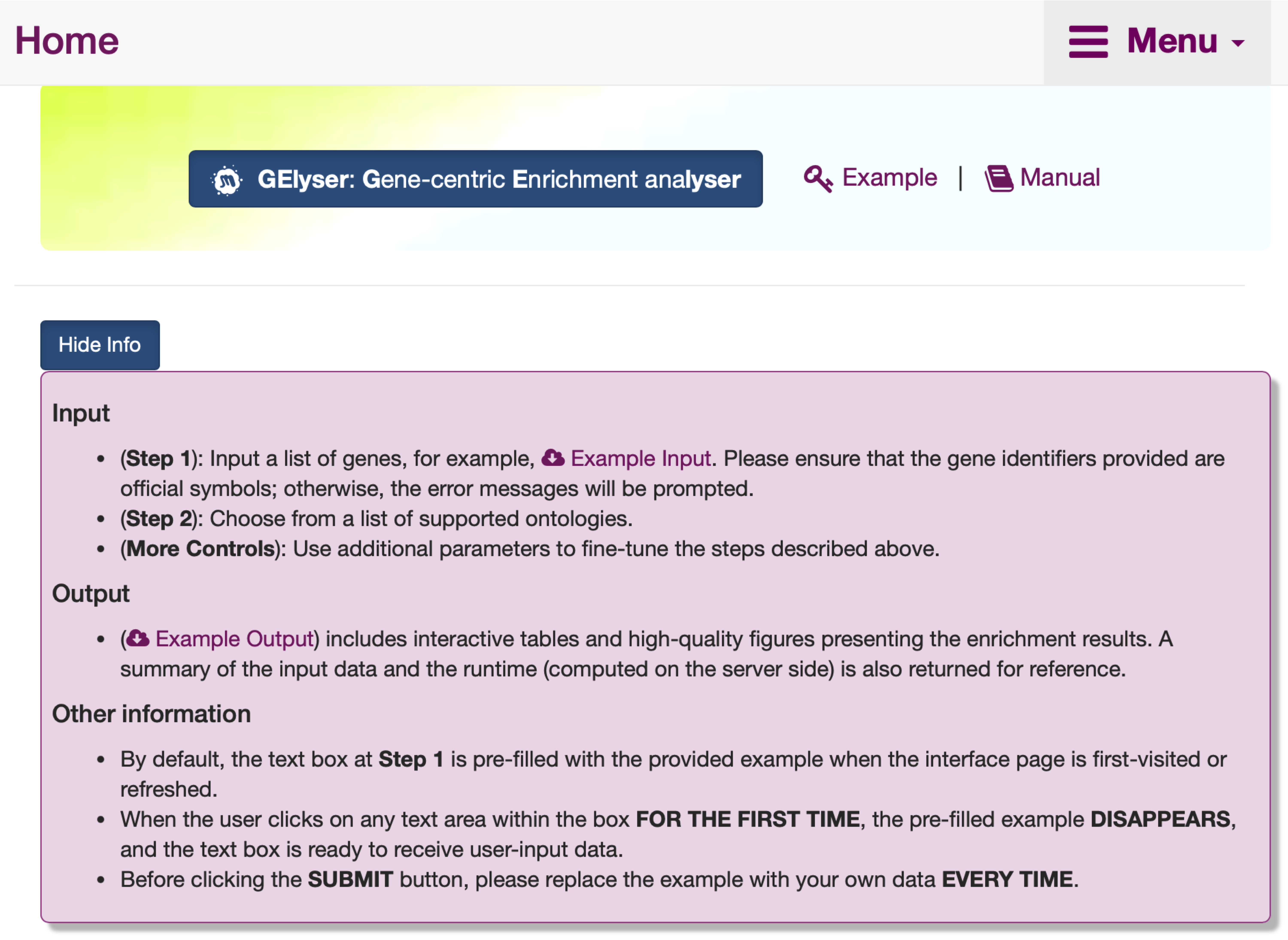 The screenshots for the `Show/Hide Info` toggle button in the `GElyser: Gene-centric Enrichment analyser` interface.