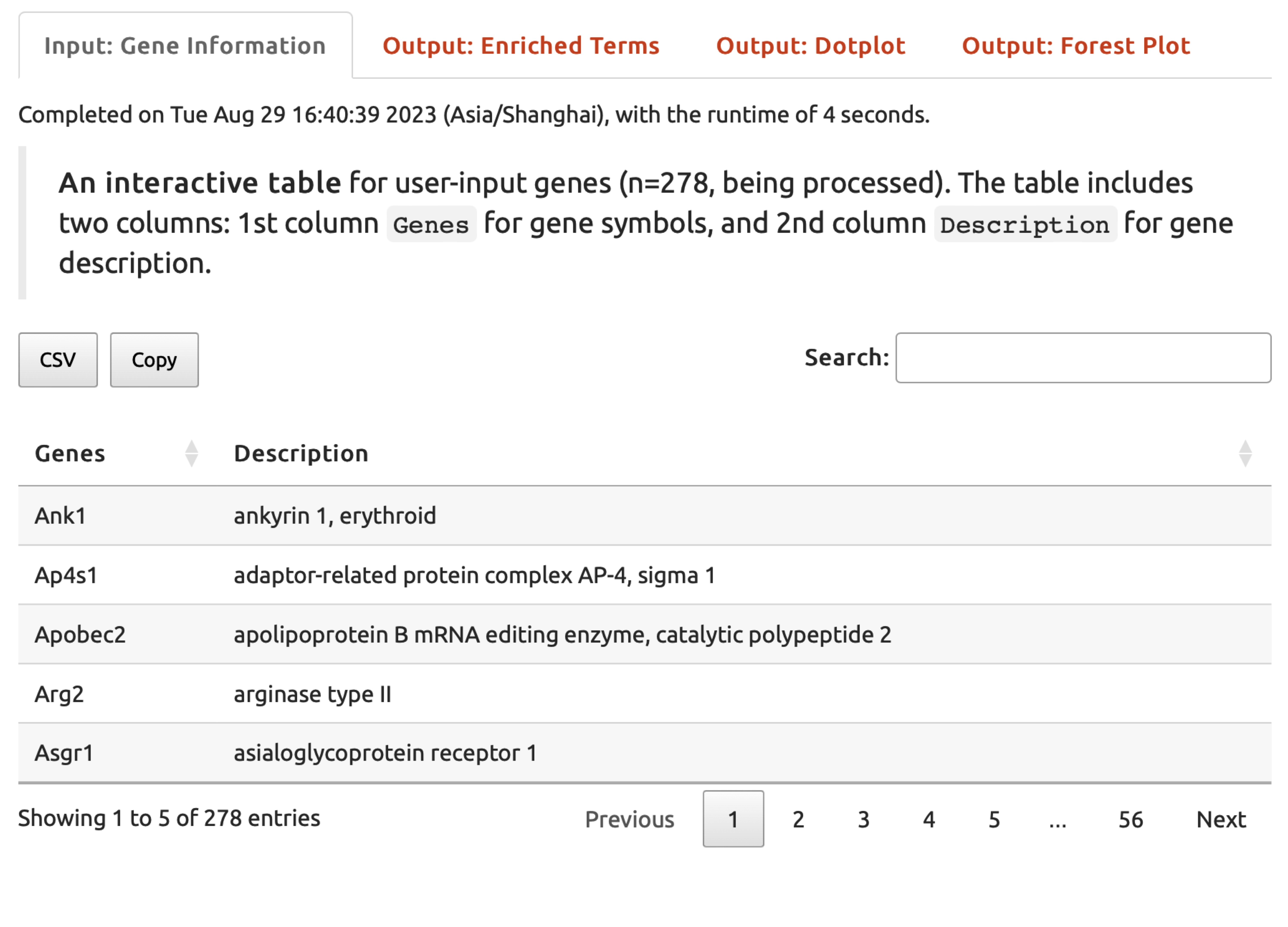 The user-input data displayed under the `Input: Gene Information` tab returned for exploration.