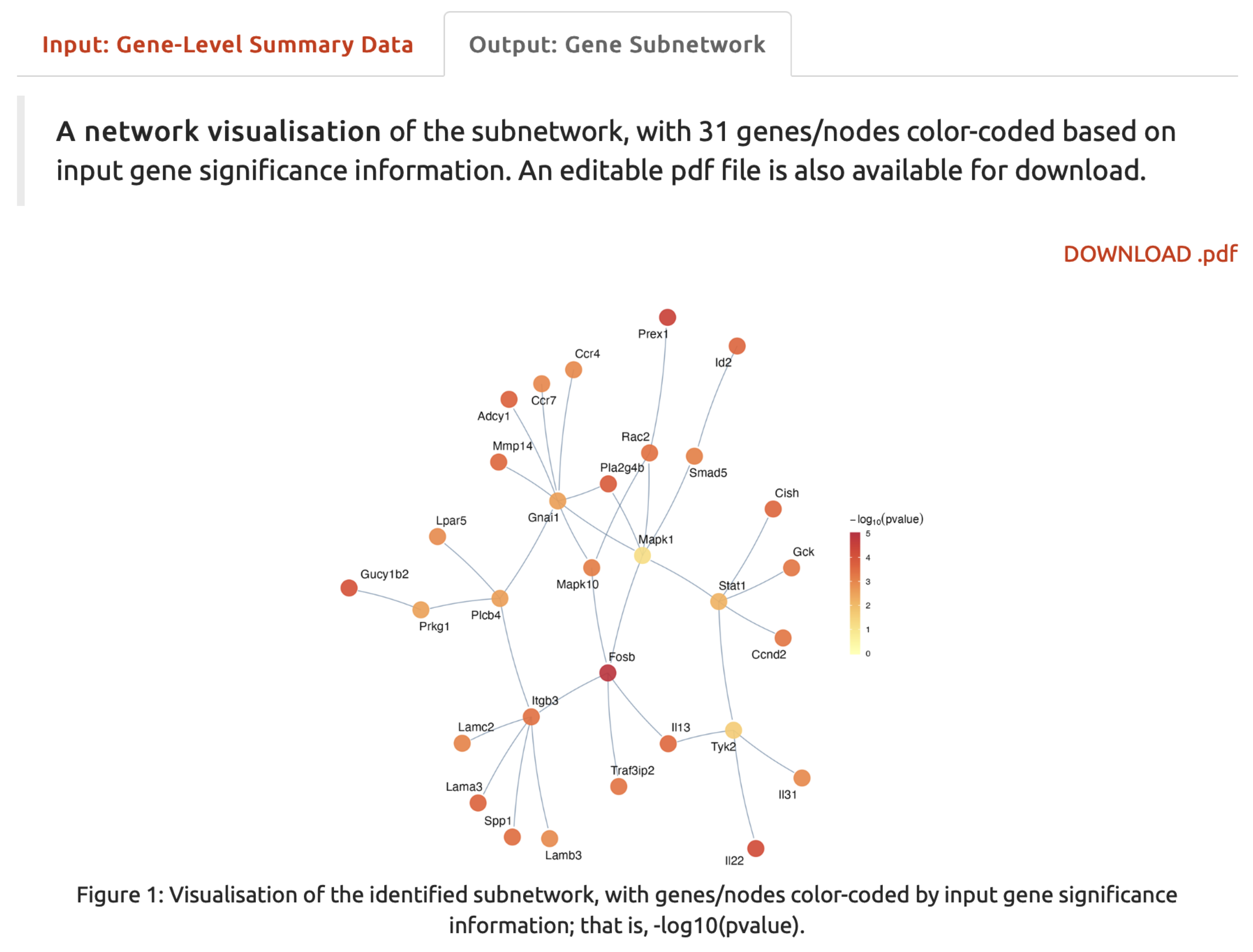 Visualisation of the identified subnetwork, with genes/nodes color-coded by input gene significance information under the `Output: Gene Subnetwork` tab.