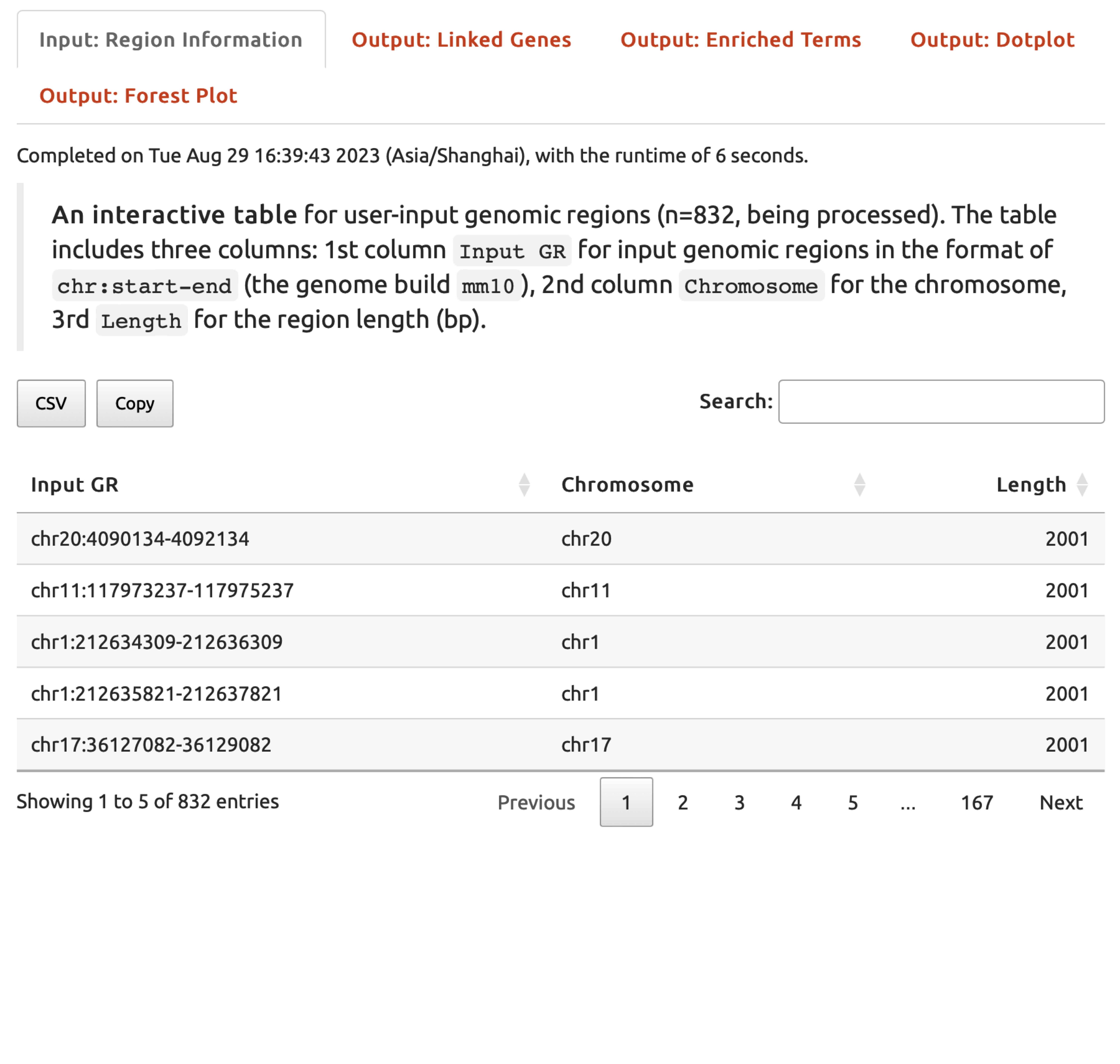 The user-input data displayed under the `Input: Region Information` tab for exploration.