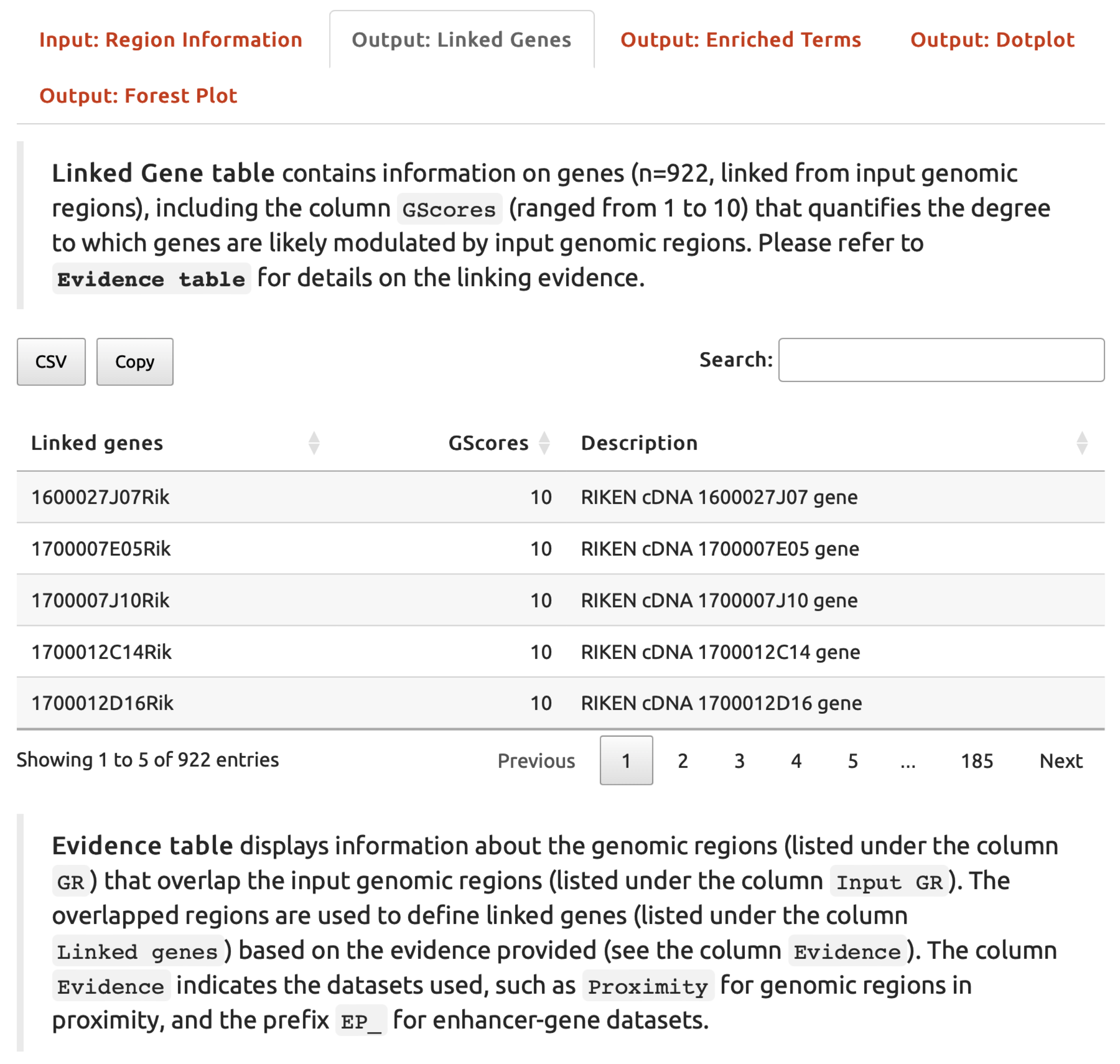An interactive table listing genes linked from the input genomic regions under the `Output: Linked Genes` tab.