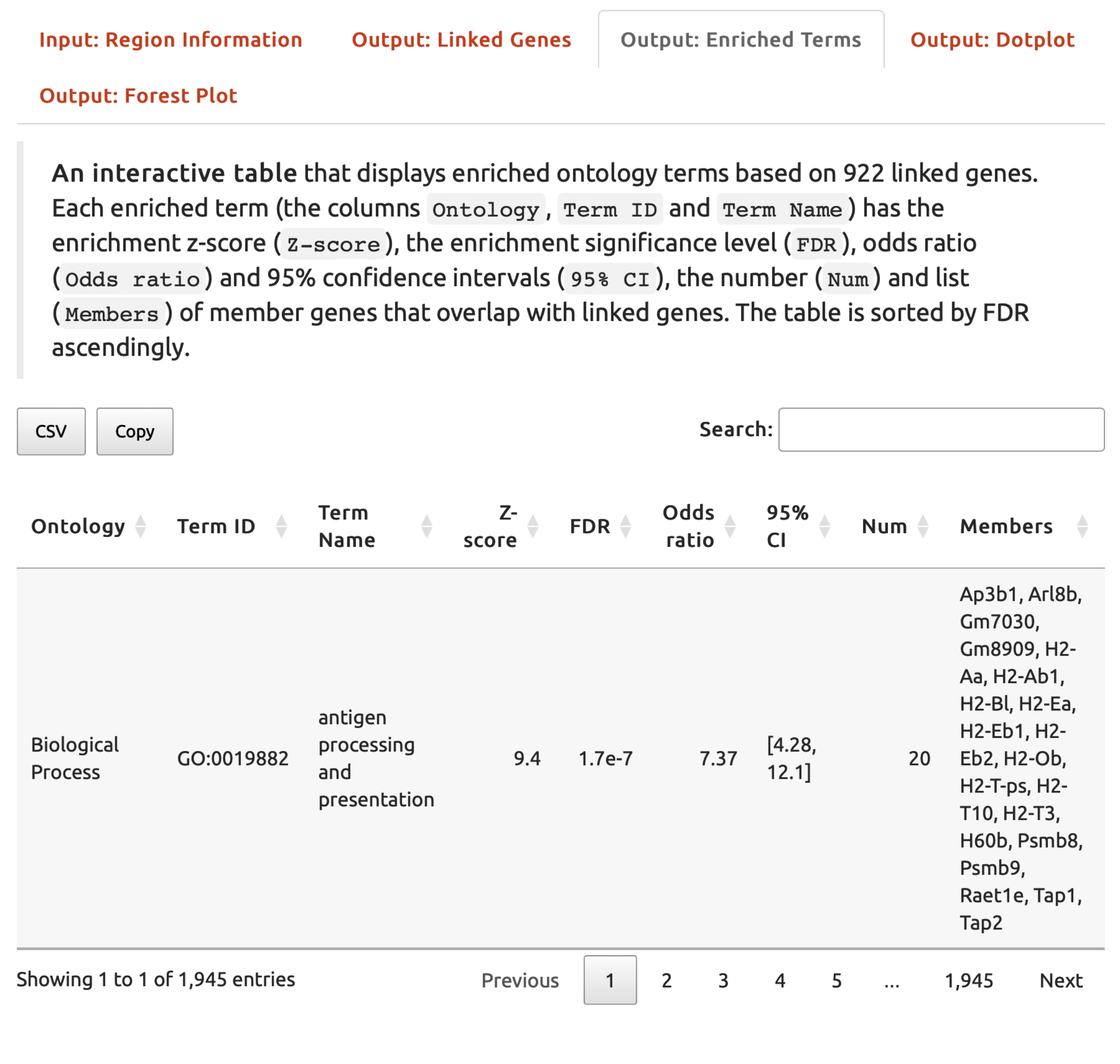 An interactive table listing enriched ontology terms displayed under the `Output: Enriched Terms` tab.
